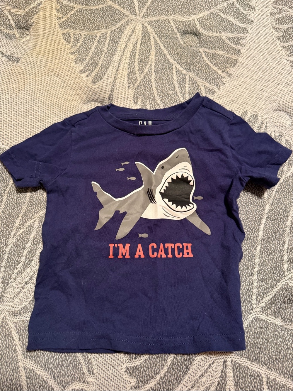GAP Navy Tee with Shark Graphic and Orange Text
